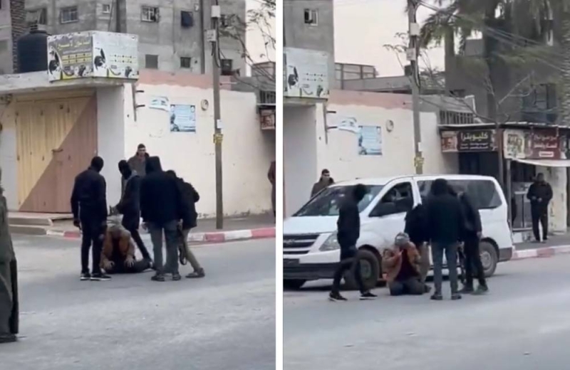 شاهد:  عناصر  من حركة حماس  يرتدون أقنعة يضربون مسن أعزل وسط شارع عام في غزة