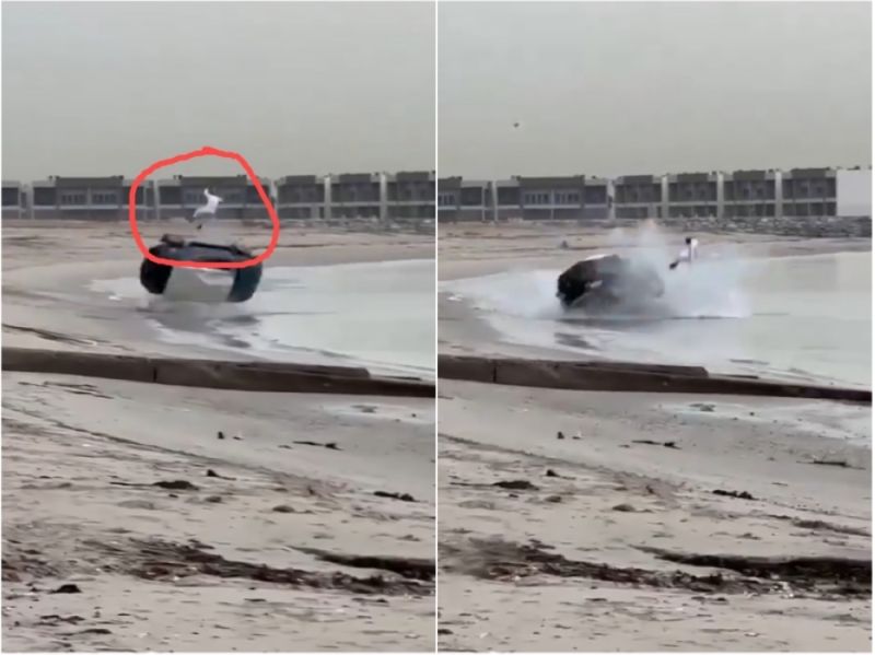 شاهد .. انقلاب مركبة والسائق  يطير في الهواء   أثناء  التفحيط  بجانب أحد شواطئ الكويت
