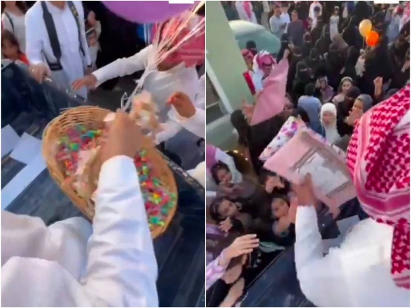 شاهد .. احتفال أهالي تبوك بعيد الفطر في الشوارع وتوزيع البالونات والهدايا والحلوى على الأطفال