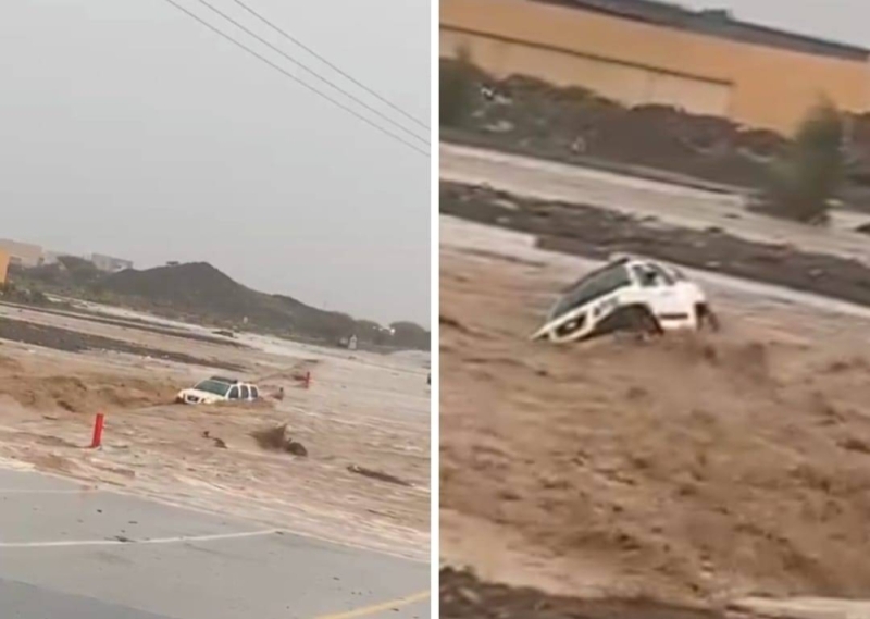 شاهد.. سيل ضخم يجرف مركبة بداخلها عائلة في سلطنة عمان بعد هطول الأمطار الغزيرة