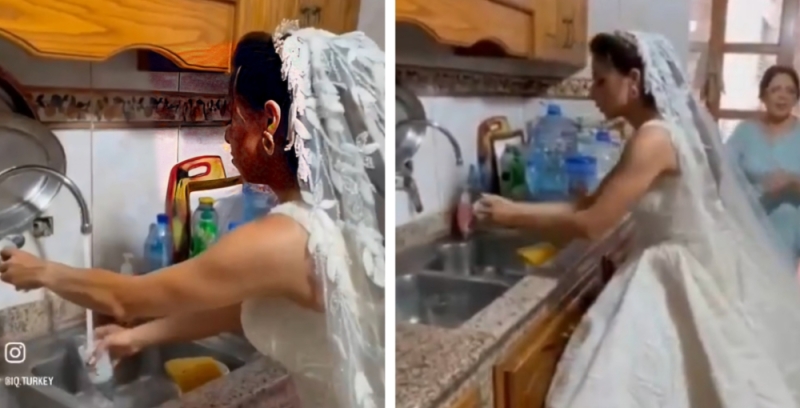 شاهد.. عروس لبنانية تغسل الصحون  بفستان الزفاف لسبب غريب!