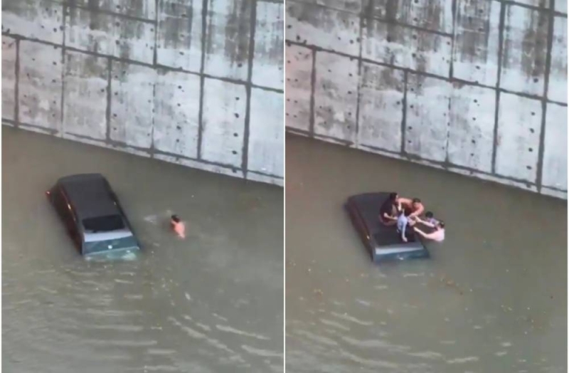 شاهد لحظة إنقاذ موظف بنك مصري لعائلة من الغرق داخل سيارتهم وسط السيول في الإمارات