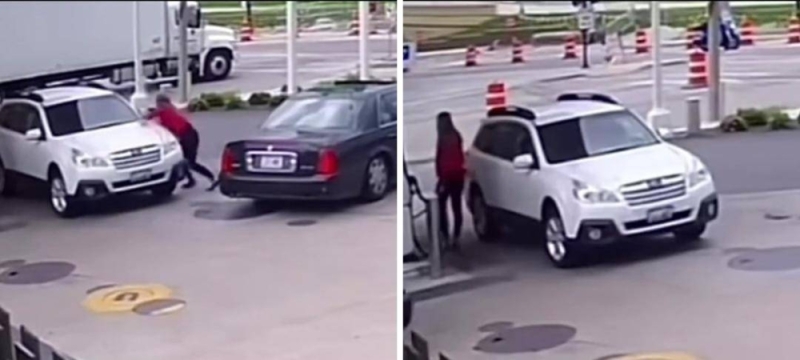 شاهد.. ردة فعل امرأة بعد محاولة لص سرقة سيارتها والهروب بها عند محطة وقود في أمريكا