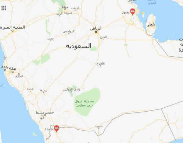 خريطة تبين المسافة بين صعدة في اليمن وبقيق في السعودية 