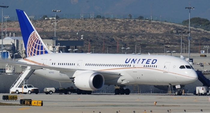 (FILES) In this file photo taken on January 17, 2013 a grounded United Boeing 787 Dreamliner is seen on the tarmac at Los Angeles International Airport. - United Continental still expects to receive new Boeing 737 MAX planes in 2019 and does not expect a fight with the manufacturer over recovering costs from the planes' grounding, United executives said on April 17, 2019. Boeing's 737 MAX planes have been grounded globally since mid-March following two deadly crashes involving the planes in less than five months. (Photo by Robyn BECK / AFP)