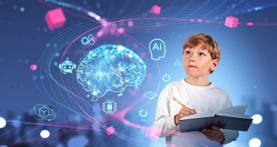 Child take notes with digital AI brain hud hologram, digital hologram with AI brain and chat bot icons, artificial intelligence and blockchain. Concept of machine learning and technology