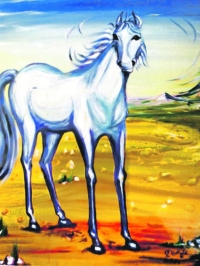من لوحات الفنان علي الحبردي، وفي لوحته يرسم الحصان الذي يمثل البيئة التراثية العربية من خلال توزيع اللونين الأحمر والأصفر في القسم السفلي من مساحة اللوحة، بينما نجد اللون الأزرق البارد المُشرَّب بالأبيض في الحصان والسماء؛ ما أوجد تضادًا يعطي نغمًا لونيًا ممتعًا.