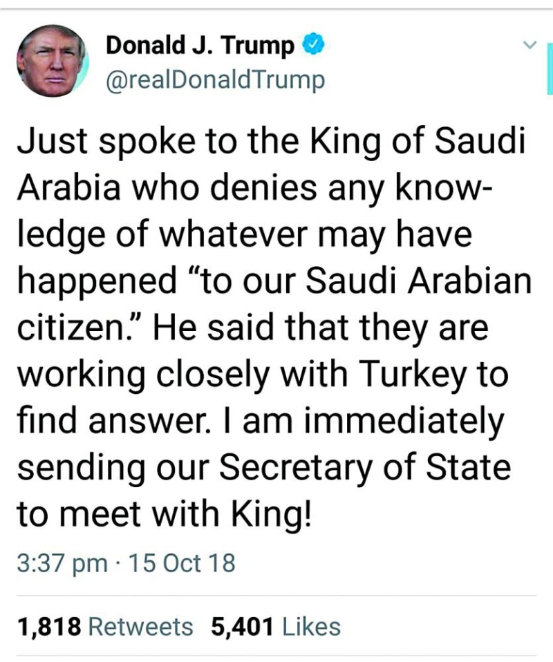 ترامب عبر «تويتر»: تحدثت مع الملك سلمان