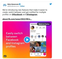 شركة ميتا Meta تختبر ميزة «التجارب المتصلة» لتسهيل التبديل بين حسابات فيس بوك Facebook وإنستجرام Instagram 