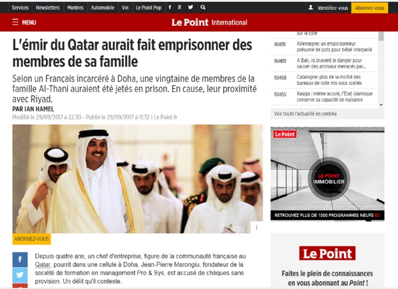 سجن أفراد أسرة آل ثاني يتصدر عناوين مجلة «لا بوينت» الفرنسية 