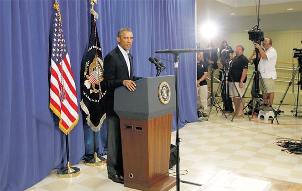 الرئيس الأمريكي باراك أوباما يلقي بيانا بولاية ماساتشوستس