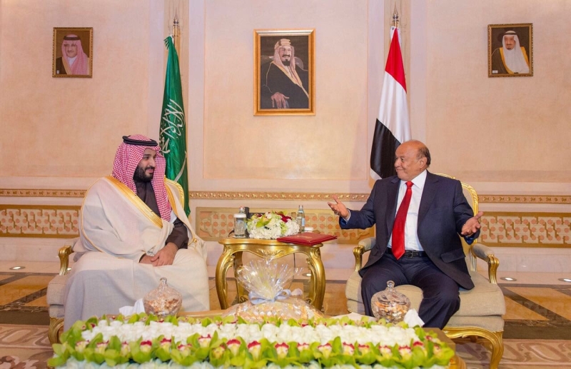 ‏الرئيس اليمني عبدربه ⁧‫هادي‬⁩ وولي ولي العهد‬⁩ الأمير ⁧‫محمد بن سلمان‬⁩ يبحثان آخر تطورات الأوضاع في الساحة ⁧‫اليمنية‬⁩