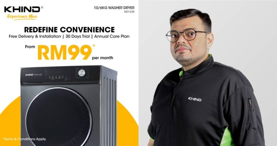 洗烘一体机的先租后拥家电计划,每月最低是99令吉,右图为阿迪尔。-KHIND提供/精彩大马- 洗烘一体机的先租后拥家电计划,每月最低是99令吉,右图为阿迪尔。-KHIND提供/精彩大马-