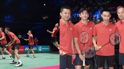 李宗伟(右2)与道菲(左起)、李龙大和彼得盖特出席王者之志表演活动。-图摘自李宗伟脸书/精彩大马制图- 李宗伟(右2)与道菲(左起)、李龙大和彼得盖特出席王者之志表演活动。-图摘自李宗伟脸书/精彩大马制图-