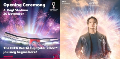 田柾国(右)将会参与2022年卡尔塔世界杯开幕仪式演出。-图摘自推特@FIFAWorldCup/@bts_bighit/精彩大马制图- 田柾国(右)将会参与2022年卡尔塔世界杯开幕仪式演出。-图摘自推特@FIFAWorldCup/@bts_bighit/精彩大马制图-