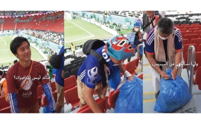一群日本球迷在周日首的卡塔尔对厄瓜多尔赛事后,主动清理观众席垃圾。-摘自视频- 一群日本球迷在周日首的卡塔尔对厄瓜多尔赛事后,主动清理观众席垃圾。-摘自视频-