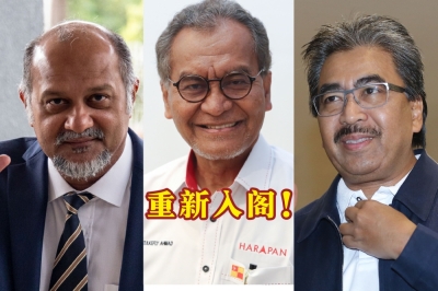 哥宾星(左)、祖基菲里(中)及佐哈里干尼(右)重新入阁出任部长。-精彩大马制图- 哥宾星(左)、祖基菲里(中)及佐哈里干尼(右)重新入阁出任部长。-精彩大马制图-
