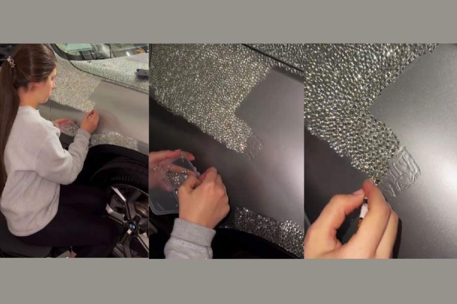 美国加州圣地牙哥一名女子把一颗颗水晶贴在一辆宝马(BMW)轿车上,花了3周才把水晶贴满整辆车,她的举动引起网民的热烈讨论。-摘自Crystals Motors的TikTok/精彩大马制图- 美国加州圣地牙哥一名女子把一颗颗水晶贴在一辆宝马(BMW)轿车上,花了3周才把水晶贴满整辆车,她的举动引起网民的热烈讨论。-摘自Crystals Motors的TikTok/精彩大马制图-