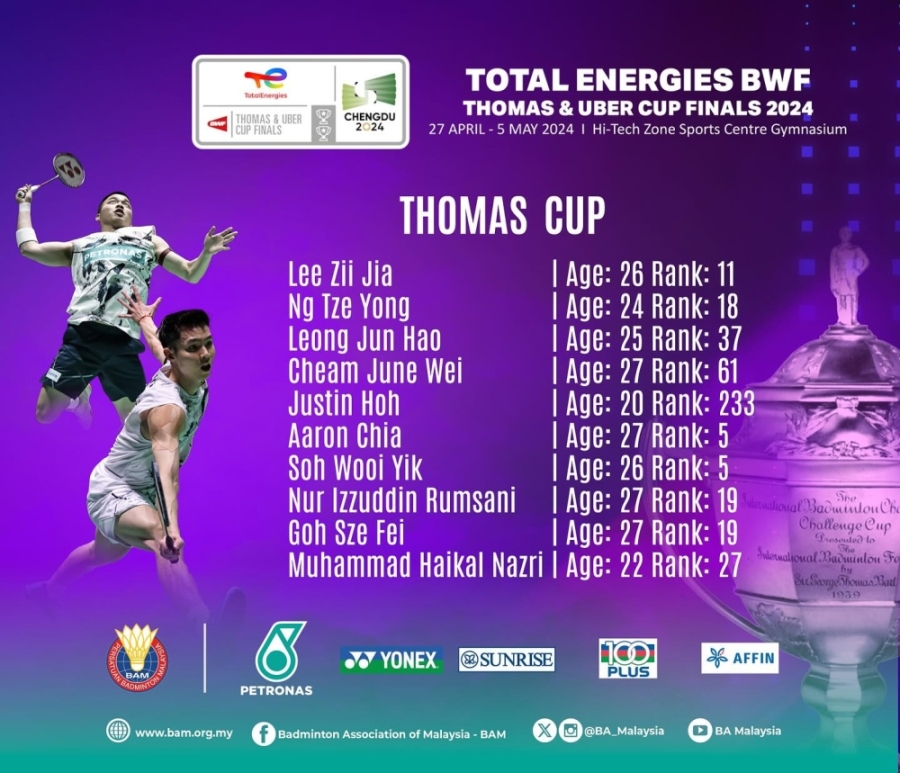 这届的大马汤杯阵容,将由男双前世界冠军谢定峰/苏伟译领衔出击。-摘自马羽总脸书- 这届的大马汤杯阵容,将由男双前世界冠军谢定峰/苏伟译领衔出击。-摘自马羽总脸书-