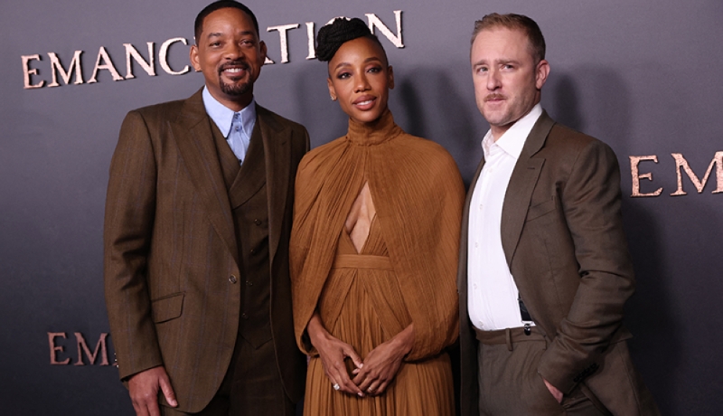 American actor Will Smith, Zimbabwean-Australian actress Charmaine Bingwa and American actor Ben Foster at the premiere "emancipation.”  AFP