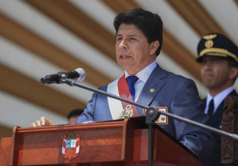 Pedro Castillo speaks at a ceremony marking the anniversary of the police in Lima on December 6, 2022.