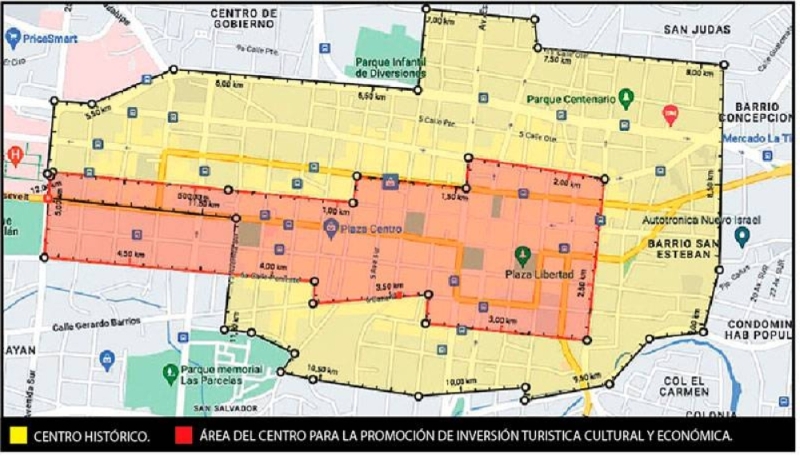 La ley será aplicada en una parte del Centro Histórico de San Salvador marcada con naranja. / DEM