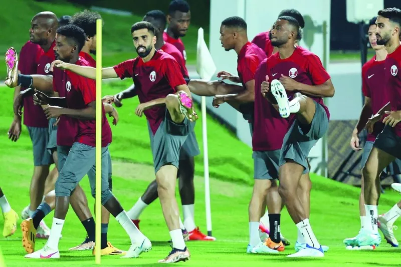 Qatar’s players attend a training session, ahead of their World Cup opener against Ecuador. (AFP)