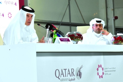 Qatar Airways Group Chief Executive HE Akbar al-Baker at the media event yesterday as HIA chief operating officer Badr Mohamed al-Meer looks on. PICTURE: Thajudheen