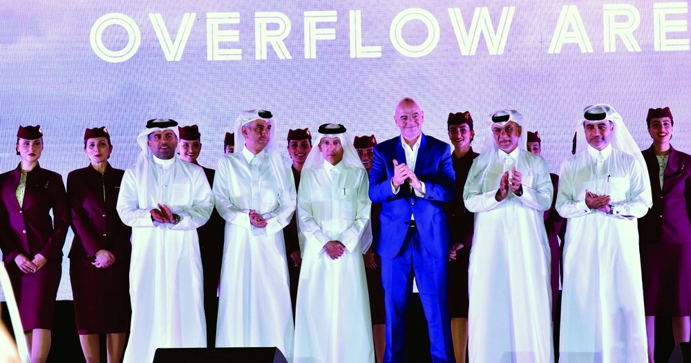 Qatar Airways Group Chief Executive HE Akbar al-Baker, FIFA President Gianni Infantino, HIA chief operating officer Badr Mohammed al-Meer and other dignitaries at the opening ceremony yesterday. PICTURE: Thajudheen.