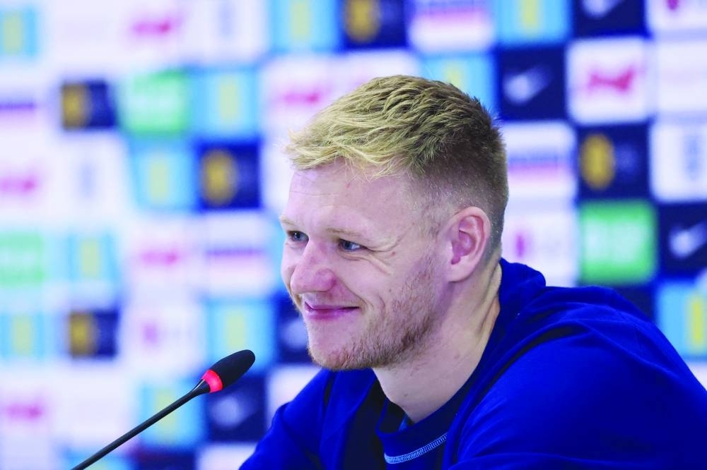 England’s Aaron Ramsdale (also left) during a press conference at the Al Wakrah Sports Complex on Friday. (Reuters)