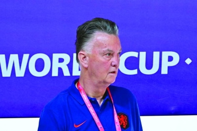 Netherlands&#039; coach Louis Van Gaal holds apress conference at the Qatar National Convention Centre (QNCC) in Doha on Sunday. (AFP)
