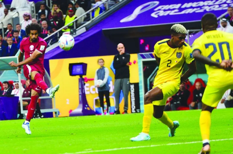 Qatar’s Akram Afif drills a shot towards the Ecuador goal in the opening match of the FIFA World Cup Qatar 2022 at Al Bayt Stadium on Sunday.