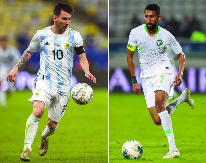 Combination of file pictures shows Argentina's Lionel Messi (left) controlling the ball and Saudi's midfielder Salman al-Faraj running with the ball.