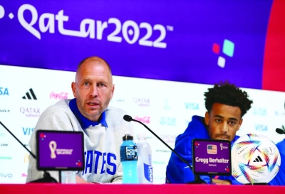 US coach Gregg Berhalter and player Tyler Adams during a press conference at the Main Media Center, Doha, Qatar, yesterday. (Reuters)