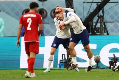  England&#039;s Jack Grealish celebrates scoring their sixth goal with Phil Foden. 