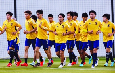 Japan players during training at Al Sadd SC New Training Facility 1 in Doha yesterday.  (Reuters)