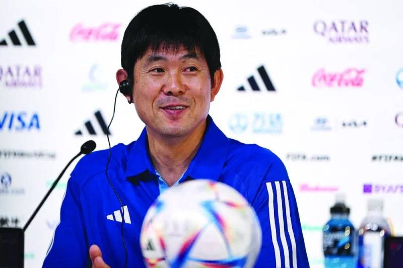Japan's coach Hajime Moriyasu gives a press conference at the Qatar National Convention Center in Doha yesterday. (AFP)