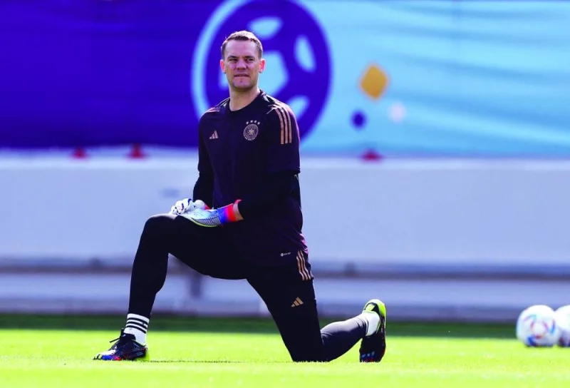 Germany’s Manuel Neuer during training at Al Shamal Stadium yesterday. Former World Cup champions Germany take on three-time Asian champions Japan in their FIFA World Cup Qatar 2022 match today. (Reuters)