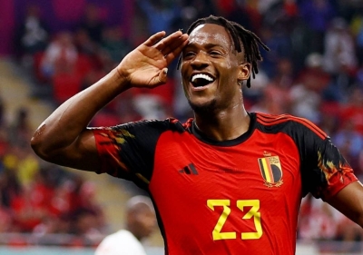 Belgium&#039;s Michy Batshuayi celebrates scoring their first goal. REUTERS