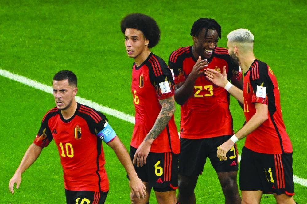 Belgium’s Michy Batshuayi (second from right) celebrates with his teammates after scoring against Canada yesterday. (AFP)