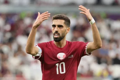 Hassan Khalid Hassan al-Haydos gestures during the match against Senegal.