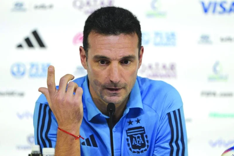 Argentina’s coach Lionel Scaloni gives a press conference at the Qatar National Convention Center in Doha yesterday. (AFP)