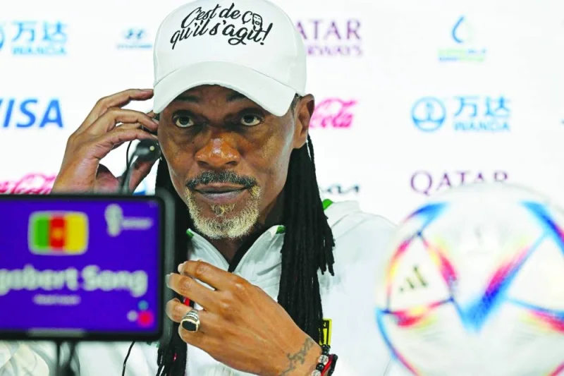 Cameroon’s coach Rigobert Song at a press conference yesterday. (AFP) 