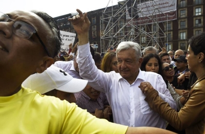 Mexican President Andres Manuel Lopez Obrador arrives at Zocalo square to commemorate his fourth year in office in Mexico City. (AFP)