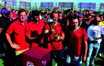  Marcos Evangelista de Morais (Cafu), along with other Legacy Ambassadors Ronald de Boer Samuel Eto’o, and Xavi Hernandez, raised the Fans&#039; Cup trophy during the opening ceremony of the tournament Tuesday at the FIFA Fans Cup 2022. PICTURE: Shaji Kayamkulam.