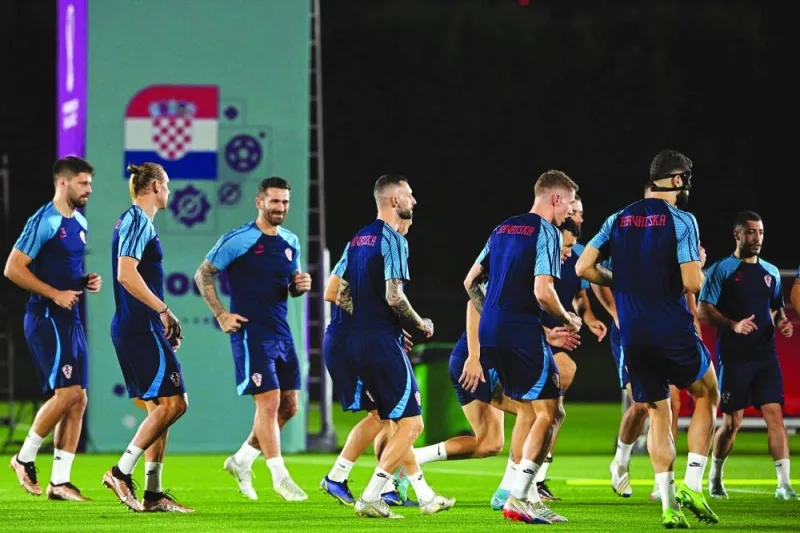 Croatia players take part in a training session at the Al Erssal training site in Doha yesterday.