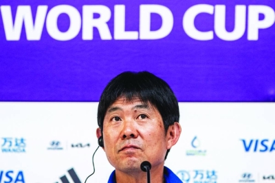 Japan’s coach Hajime Moriyasu attends a press conference at the Qatar National Convention Centre in Doha yesterday. (AFP)