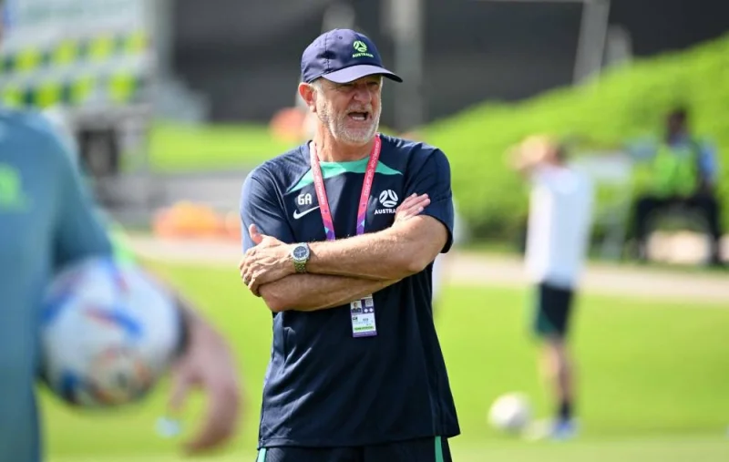 Australia's coach Graham Arnold leads a training session of his team at the Aspire Zone Doha in Doha yesterday, on the eve of the Qatar 2022 World Cup match against Argentina. (AFP)