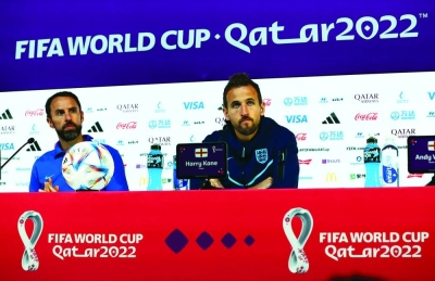 England manager Gareth Southgate and captain Harry Kane during the press conference in Doha yesterday. (Rueters)