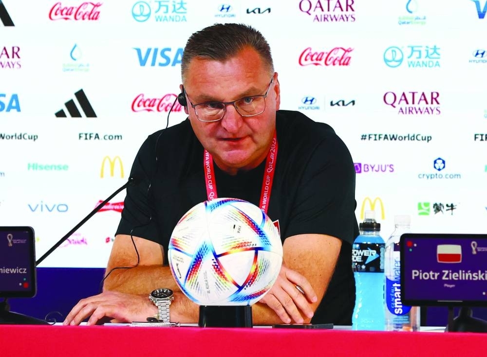 Poland coach Czeslaw Michniewicz speaks during the press conference at the Main Media Centre in Doha yesterday. (Reuters)